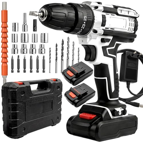 Retoo Akkuschrauber 21V Akku-Bohrschrauber Set 320Nm - 2x Akku, 2-Gang-Getriebe, LED-Anzeige, 1/2 Zoll Aufnahme, inkl. Stecknuss-, Bit- & Bohrer-Set, für Schrauben, Bohren & DIY
