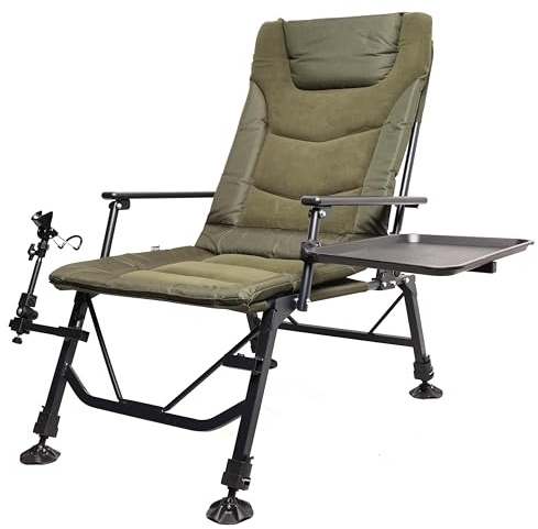 TCTNT Premium XL Reclining Fishing Chair, Green, 600D Oxford Cloth, with Rod Rest, Side Table and Adjustable Mud Feet, 180kg Capacity