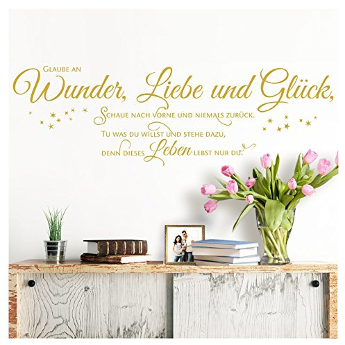 Grandora Wandtattoo Spruch Glaube an Wunder Liebe und Glück I Gold (BxH) 160 x 45 cm I Wohnzimmer Flur Sticker Aufkleber Wandsticker Wandaufkleber W5393