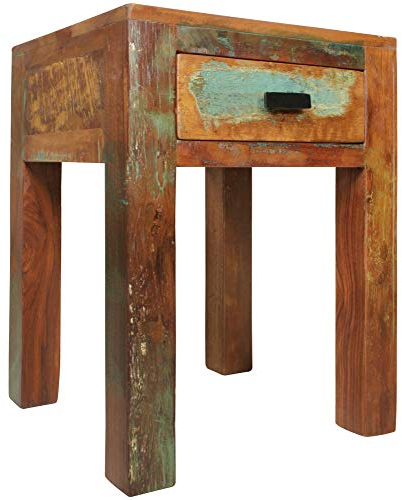 FineBuy Nachttisch KALKUTTA 40 x 40 x 55 cm, Mango Massivholz Nachtkästchen mit Schublade, Kleiner Beistelltisch Shabby Chic, Wohnzimmertisch, Nachtkonsole