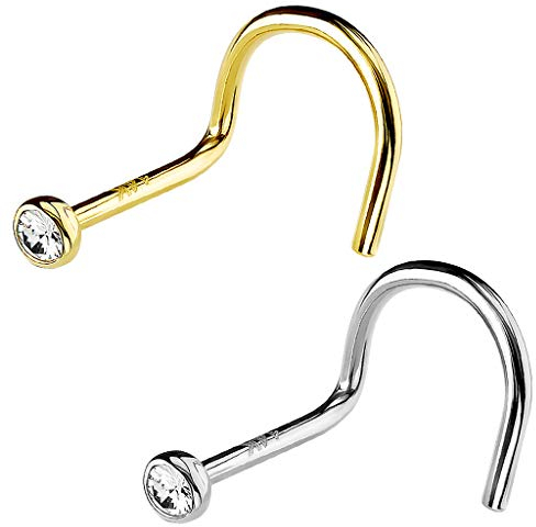 Piersando Piercing Echt 585 Gold 14 Karat Stab Stecker gebogen mit Zirkonia Steinchen für Nase Nasenpiercing Nasenstecker Nasenflügel Gelbgold