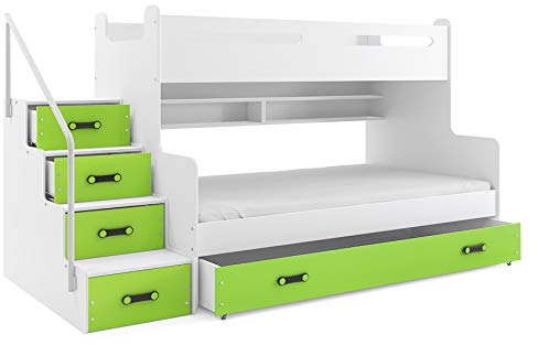 Interbeds Etagenbett Hochbett MAX 3 (für DREI Kinder) 80x200cm und 120x200cm Kinderbett mit Latten und Matratzen (grün)