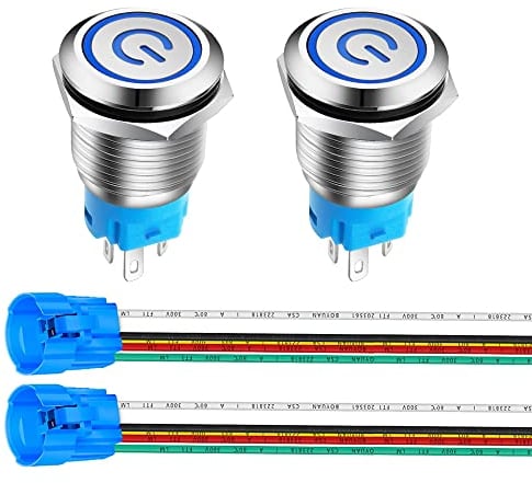 Gebildet 2Stücke 16mm Edelstahl Latching Drucktastenschalter 12V-24V 5A Power Symbol LED 1NO1NC SPDT ON Off Wasserdichter Kippschalter mit Steckdose Stecker (Blaue LED)