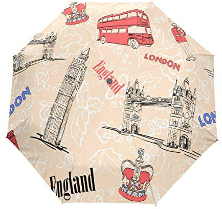 BIGJOKE 3 Folds Auto Open Close Umbrella Vintage London Big Ben England Flag Windproof Travel Lightweight Rain Umbrella Compact for Boys Girl Men Women
