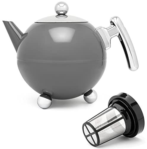 Bredemeijer Bella Ronde Edelstahl-Teekannen-Set 1.2 L - Große doppelwandige Edelstahlkanne in Kugelform mit Füßen, grau - Mit Tee-Filter Sieb-Aufsatz für losen & Blätter-Tee