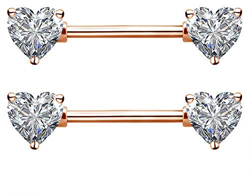 OUFER Nipple Piercing 2PCS 14G 316L Surgical Steel Nipple Rings Barbell Heart CZ Nipple Rings Piercing for Women Nipple Shield Piercing Body Piercing rose gold