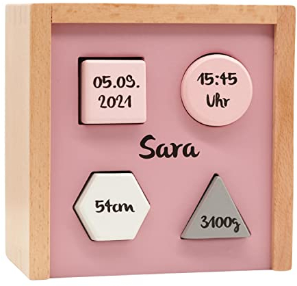 Formen-Steckspiel rosa | Personalisierbares Geschenk zur Geburt I Handmade Holzspielzeug ab 1 Jahr I Personalisierte Geschenke Baby I Label-Label | Steckbox mit Name & Geburtsdaten