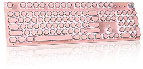 CHICHEN Retro Steampunk Typewriter-Style Gaming Keyboard, Blue Switches,Pure White Backlight, USB Wired, for PC Laptop Desktop, Stylish Pink Mechanical Keyboard Round Keycaps