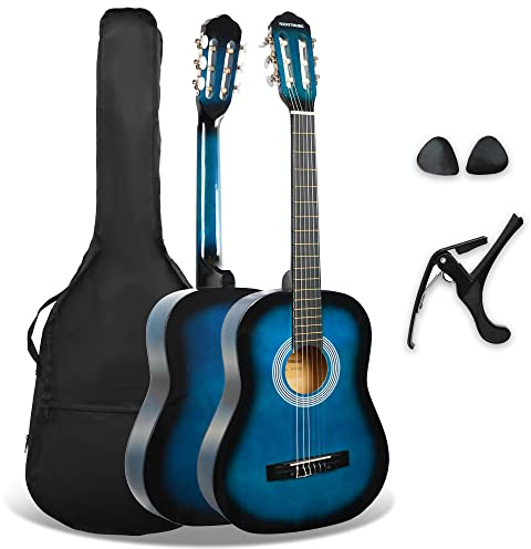 3rd Avenue Pack de guitarra clásica española de tamaño 3/4 para niños XF de 3rd Avenue, Guitarra acústica con cuerdas de nylon, funda de transporte, cejilla y púas, Azul