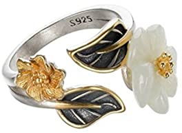 Ibuprofen Retro Ethno Stil Ring 925 Silber Vergoldet Eingelegt Nephrit Pflaumenblüte Blatt Ring Retro Elegante Persönlichkeit Verstellbaren Ring Nephrit