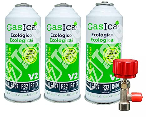 Lot de 3 bouteilles gazières V2 gaz réfrigérant bio bio substitut R22, R407, R32, R410A et R290 pour recharge climatisation plus clé de forage 1/2 femelle pour bouteilles gazica