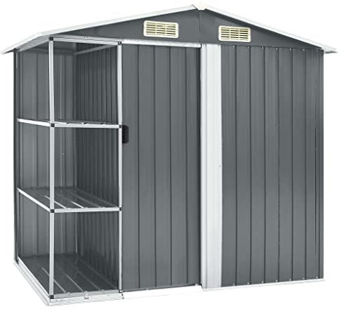 Gartenschrank Verzinkter Stahl, Gerätehaus wetterfest, Geräteschuppen Werkzeugschrank Garten, Schuppen mit Satteldach, Gartenschuppen mit 3 Ablageflächen und Einzelne Schiebetür, 4 Lüftungsschlitzen