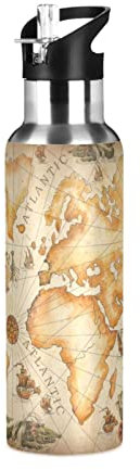 Mnsruu 20 Oz Water Bottle with Straw Vintage Ancient World Map Stainless Steel Water Bottle for Traveling Sports Leakproof Insulated Water Bottle