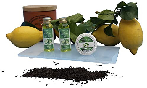 HOTEL LINE LTD - LIGNE DE COURTOISIE GREEN TEA & BERGAMOT - KIT DE TOILETTE POUR HÔTEL - 300 PIÈCES - SHAMPOOING CHEVEUX 30ML + GEL DE DOUCHE 30ML + SAVON 15G + PLATEAU GRATUIT