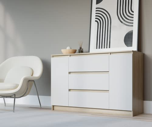 3E 3xE living.com Commode avec Deux Portes et Trois tiroirs Couleur : Sonoma/Blanc, D : L : 140 cm, P 39 cm, H : 78 cm