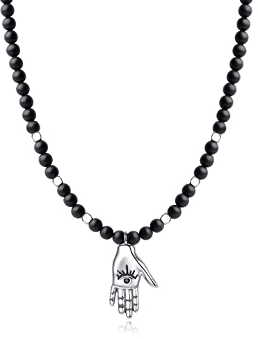 GAVU Geschenke Perlenkette aus Mattem Onyx Kristall Kette mit Handlesen Hand Evil Eye Anhänger