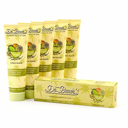 Dr. Bauer's Fruits of Love Citrus Island Zahnpasta, Zahncreme, 5er Pack | mit tollen Geschmacksrichtungen