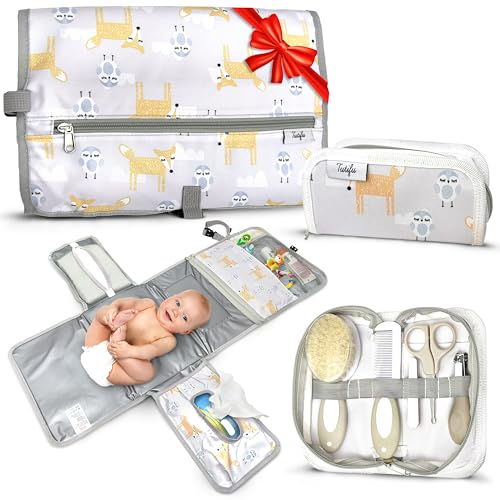 Tutifu® Wickelunterlage Unterwegs und Pflegeset für Neugeborene - Geschenk, Wickeltasche mit Unterlage, Windeltasche, Changing Mat, Diaper