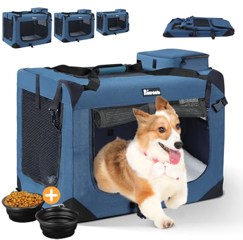 Reerooh Hundebox XL 81x 58 x 58cm, Faltbar Hundetransportbox Inkl.Hundenapf, Tragbare Hundetasche für Reisen, Hunde und Katzen Auto Haustiertransportbox (Dunkelblau, XL)