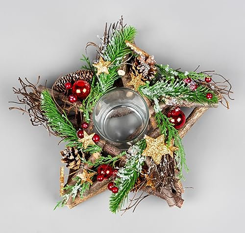 22cm Star Tealight Votive Candle Holder - Wooden Twigs Base Decorated with Red Baubles,Berries,Bronze Stars,Foliage,Pine Cones - Christmas Home Table Decoration