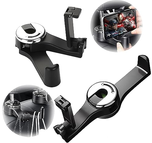 ViMOQi 2 in 1 Car Hooks for Bags with Headrest Phone Holder,360° Rotation Headrest Hooks,Car Seat Storage Organiser,Purse Hook for Handbag,Clothes Grocery(2 Pack)