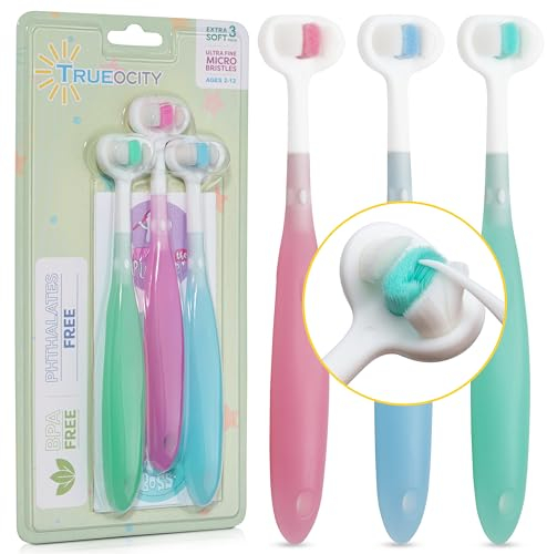 Trueocity Extra weiche Kleinkind-Zahnbürste mit 10.000 Borsten, 3-seitige Baby-Zahnbürste, Alter 1-4 Jahre, Multi-colored, Manuell, 3er-Pack