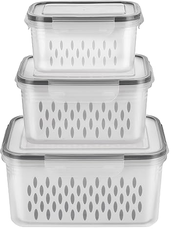 KOXXIAMOQ 3 Set Fridge Fruit Storage Containers for Fridge with Colander, Fresh Food Storage Containers with Lids Airtight, Vegetables Fruit Salad Storage Containers for Fridges Food Organiser (Grey)