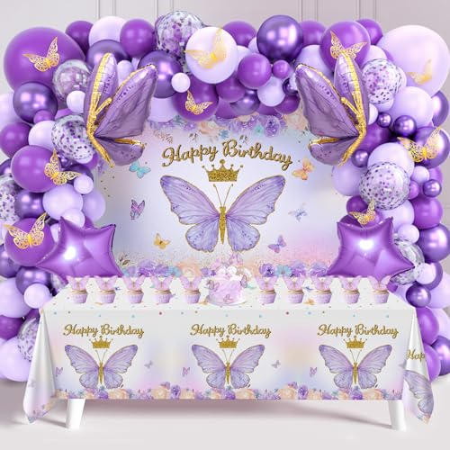 Decorazioni di Compleanno Viola, Decorazione di Compleanno per Ragazze e Donne con Arco Palloncini Viola,Stoffa di Fondo Farfalla,Tovaglia Farfalla,Topper per Torta Farfalla per Compleanno Decorazione