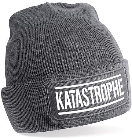 Herzbotschaft Beanie Strickmütze mit Spruch | Katastrophe | grau | Unisex SoftTouch angenehm weiche und warme Wintermütze | OneSize Einheitsgröße für Erwachsene