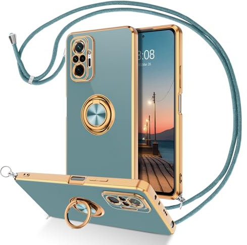 DUEDUE Coque Xiaomi Redmi Note 10 Pro/Note 10 Pro Max avec Anneau Rotatif, Protection Caméra Souple Fine Doublure Microfibre Anti-Rayures, Bague Or Noir avec Corde Bandoulière Réglable