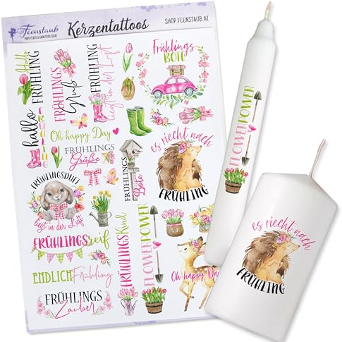 FEENSTAUB Kerzentattoos Frühling, frühlingshafte Kerzen Aufkleber, Kerzenfolie Ostern, Frühlingsstimmung, Frühlingsdeko gestalten, Kerzenfolie Sprüche, Kerzen beschriften Folie