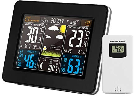FJ3365 Farbwetterstation Innen/Außen Drahtlose Temperatur Luftfeuchtigkeit Barometer Thermometer Hygrometer Elektronische Tischuhren Wettervorhersage mit Außensensor