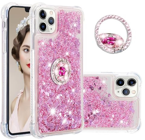 IMEIKONST Glitter Case for iPhone 11 Pro with Diamond Ring Kickstand, Moving Liquid Bling Quicksand Transparent Sequin Shockproof Protective Cover for iPhone 11 Pro. Love Rose YBZ