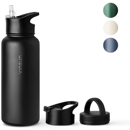 Vinsun Thermosflasche schwarz 1L - auslaufsicher, Kohlensäure geeignet, BPA frei - Strohhalm, Trinköffnung - isolierte Trinkflasche Edelstahl für Sport, Schule, Fahrrad, Büro, Camping