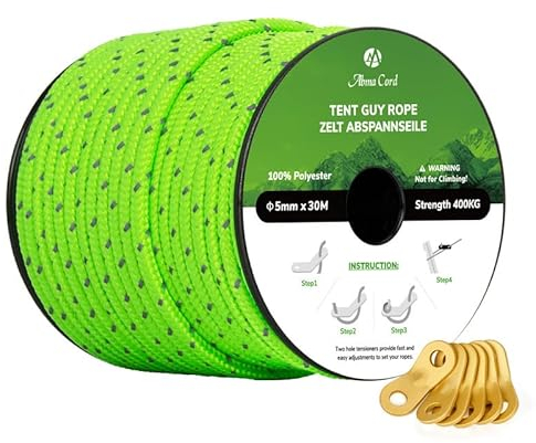 Abma Cord Abspannseile Zeltschnur mit 6 Stück Seilspanner 5mm 30M Zeltseil für Camping, Zelte, Sonnensegel, Vorzelt - Reflektierende Neon Grün