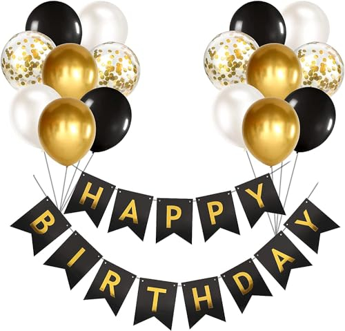 Luftballons Geburtstag Dekoration Set, Schwarz Gold Geburtstagsdeko Happy Birthday deco Banner Party Decor Geburtstag Set mit 16pcs Schwarz Gold Latex Luftballons Konfetti Ballons(Schwarz&Gold)