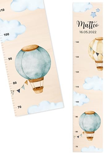 Bärenfreunde® - Personalisierte Messlatte Kind Holz zum Kleben oder Aufhängen - Skala 70-140cm - Süße Dekoration für Baby- & Kleinkinderzimmer (Kinder 70-140cm, blaue Ballons)