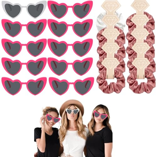 HNLMZ Lunettes de Soleil En Forme de CœUr,10 Lunette de Soleil Coeur et 10 Chouchou Satin de Demoiselle Honneur,Lunette Enterrement de Vie de Jeune Fille,Lunettes de Coeur Décoratives