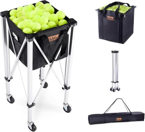 VEVOR Foldable Tennis Ball Hopper, Holds 180 Tennis Balls, Lightweight Aluminum Alloy Tennis Ball Basket Cart with Wheels, Removable Bag, Carry Bag, Portable Sports Teaching Cart for Tennis Player