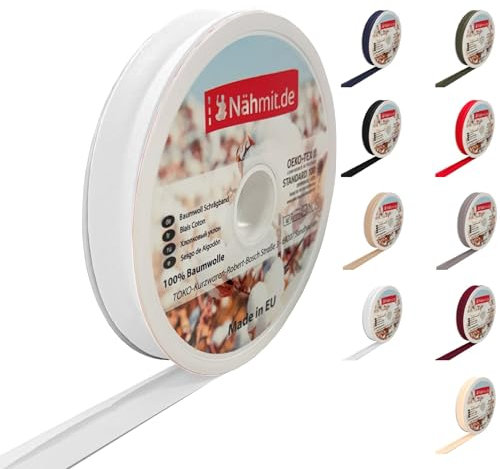 Nähmit 25m Rolle Baumwoll Schrägband, 100% Baumwolle 20mm Breit - 40/20 vorgebügeltes Schrägband (A02-Weiss, 25m Rolle)