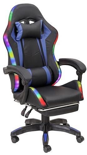 Baroni Home Sedia Gaming Ergonomica con Cuscino Lombare, Luci Led Regolabili e Poggiapiedi Estraibile, Sedia Ufficio con Schienale Inclinabile e Altezza Regolabile, Blu, 68x66x125-133 cm
