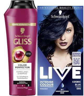 Schwarzkopf LIVE Intense Colour Haarfarbe 90 Cosmic Blue (142 ml), dauerhafte Coloration mit farbintensivierendem Serum & GLISS Shampoo Colour Perfector (250 ml) Color Shampoo