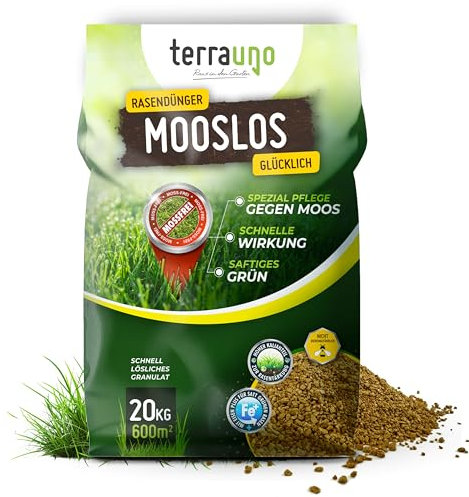 TerraUno Rasendünger Frühjahr Mooslos Glücklich, Moosfrei in 3 Tagen, 20 kg für 600 m², Eisendünger gegen Moos, extrafeines Granulat, Sommer & Frühjahrsdünger Rasen, Dünger für den Streuwagen
