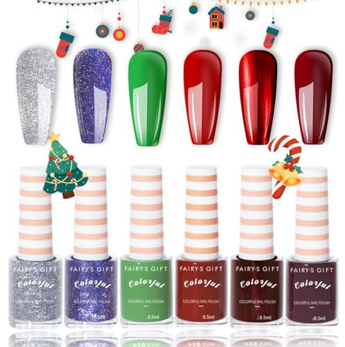 Weihnachts Nagellack Set - 6PCS Nagellack Kit Schnell trocknend & Langanhaltend - kein UV-Nagellack für DIY Nagelkunst Maniküre zu Haus für Anfänger(Shimmer Red Green SetA)