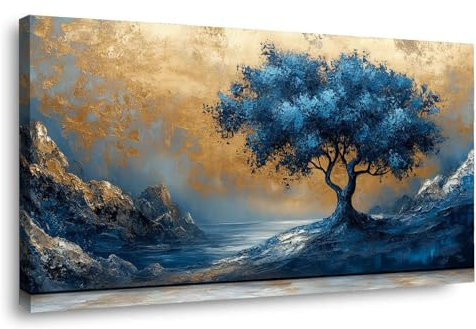 WIKEO Bleu,jaune Arbre de vie Impression sur Toile, Graffiti Arbre Bleu Peinture Affiche- Moderne Abstrait Image Tableau -Decoration Murale Salon -Chambre -bureau-50x100cm Encadrée