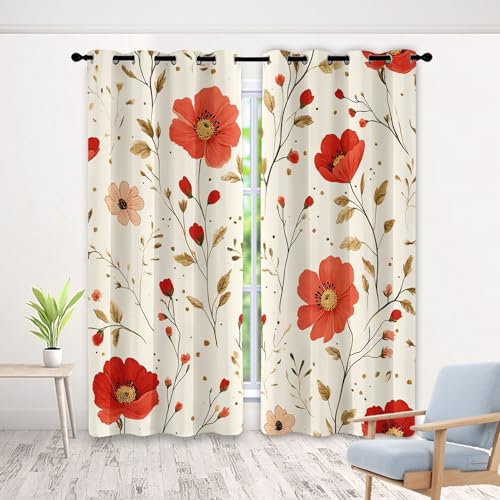 Generisch Vorhänge Blickdicht Rote Blumen, Gardinen mit Ösen, Vorhang Ländlich Wildblumen für Schlafzimmer Wohnzimmer Thermovorhang Dekoration Curtains 150 x 166cm (H x B) FCLo&-237