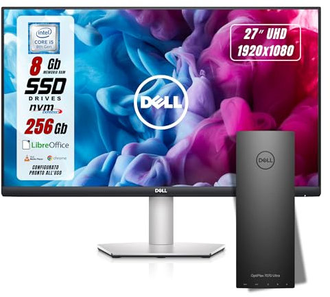 Postazione Completa, Pc Desktop Dell OptiPlex Ultra UFF Intel i5-8265U 4 Core, Ram 8Gb SSD 256Gb, Monitor 27 FHD, Win 11 e Libre Office, Compreso di Mouse e Tastiera (Ricondizionato)