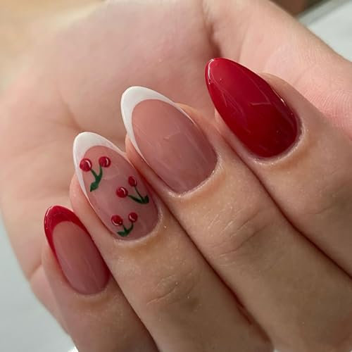 Ceboic 24 Pezzi Unghie Finte Adesive Corte Mandorla, 12 Taglie Rosse Press on Nails, Ballerina Unghie Artificiali con Carino Ciliegia Design Copertura Completa French Fake Nails per Donna e Ragazze