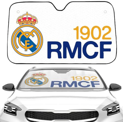 Parasol Coche Real Madrid 130x70 cm | Diseño Oficial con Escudo del Club | Protección Solar para el Parabrisas | Incluye Ventosas | Reduce el Calor Interior | Fácil de Instalar