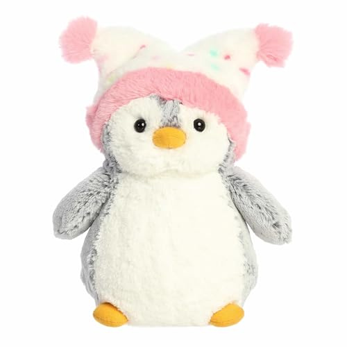 Aurora Festive Pompom Penguin Pompon Confetti Hat Stofftier – lebendige Begleiter für warme Kuscheltiere – perfekt für Feiertagsdekorationen oder Geschenke – Rosa, 22,9 cm